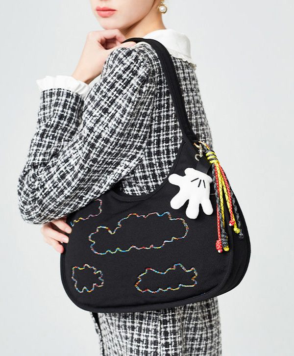 Fine Black Embroidered Pendant Decorated Cotton Hobo Bag