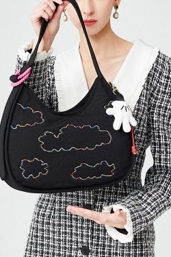 Fine Black Embroidered Pendant Decorated Cotton Hobo Bag