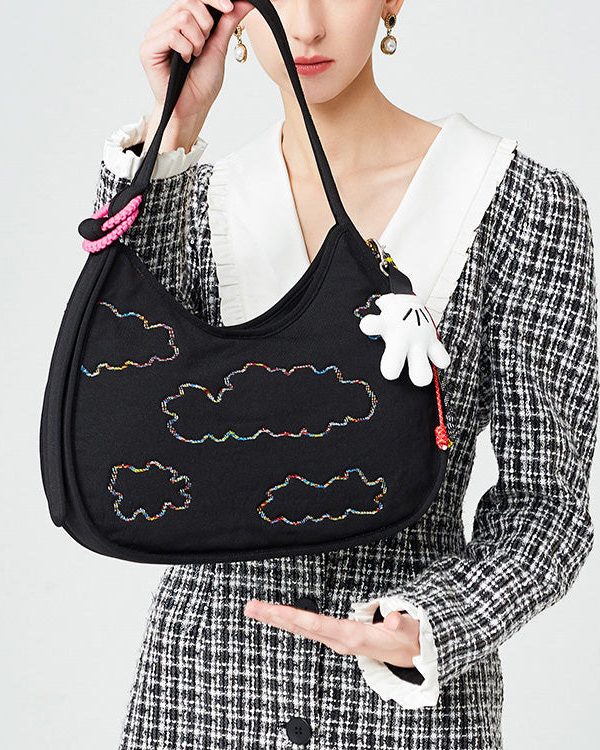 Fine Black Embroidered Pendant Decorated Cotton Hobo Bag