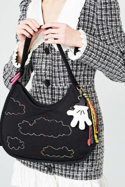 Fine Black Embroidered Pendant Decorated Cotton Hobo Bag
