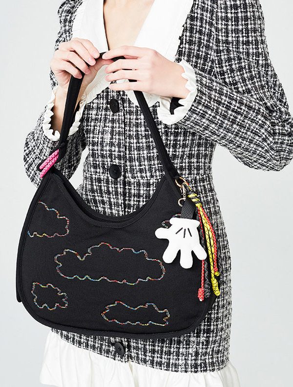 Fine Black Embroidered Pendant Decorated Cotton Hobo Bag