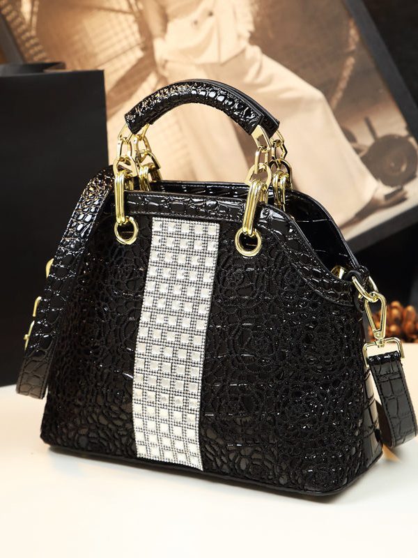 Fine Black Solid Durable Faux Leather Tote Handbag