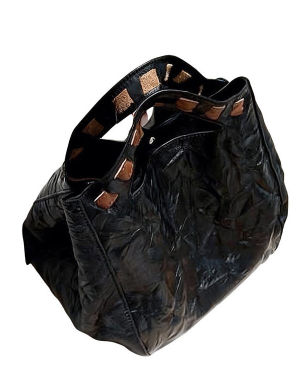 Fine Black Wrinkled Large Capacity Leather Tote Handbag