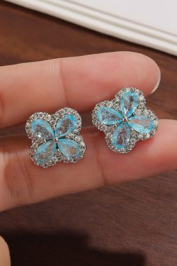 Fine Blue Alloy Zircon Ice Flower Four-Leaf Clover Stud Earrings