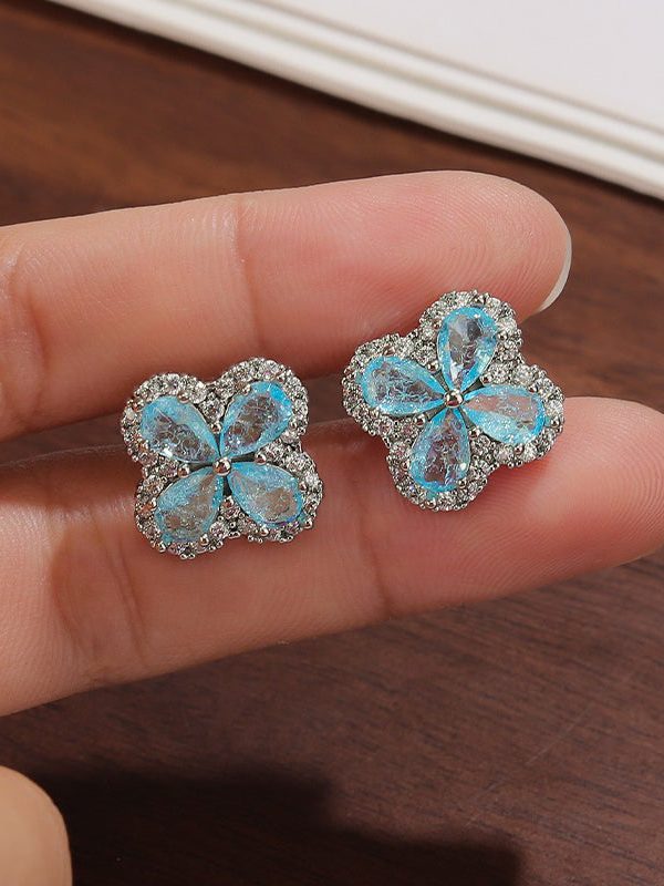 Fine Blue Alloy Zircon Ice Flower Four-Leaf Clover Stud Earrings