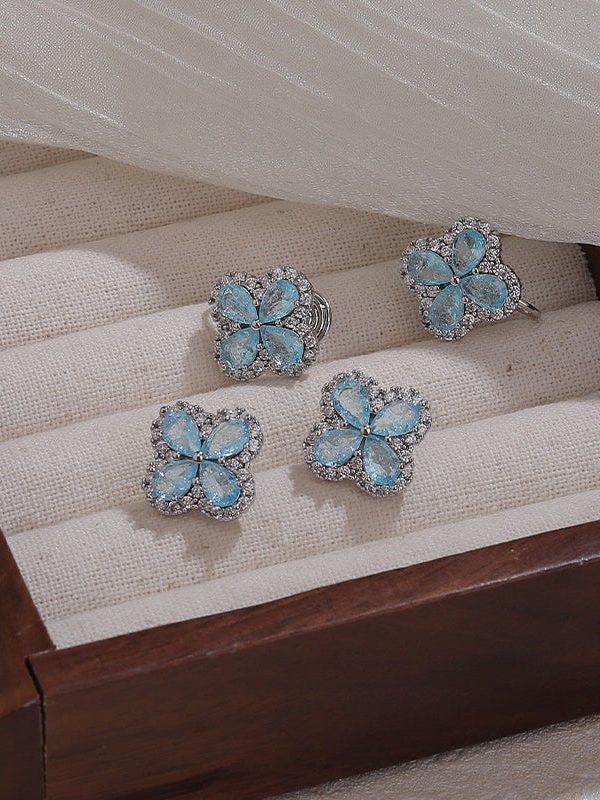 Fine Blue Alloy Zircon Ice Flower Four-Leaf Clover Stud Earrings