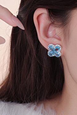 Fine Blue Alloy Zircon Ice Flower Four-Leaf Clover Stud Earrings