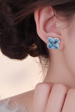 Fine Blue Alloy Zircon Ice Flower Four-Leaf Clover Stud Earrings