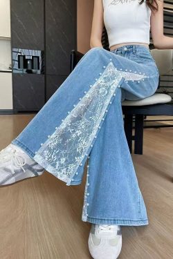 Fine Blue Hollow Out Patchwork Lace Denim Flared Trousers Fall