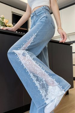 Fine Blue Hollow Out Patchwork Lace Denim Flared Trousers Fall