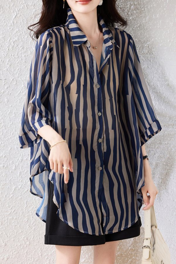 Fine Blue Oversized Striped Chiffon Blouse Tops Half Sleeve