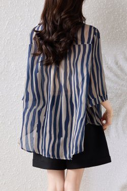 Fine Blue Oversized Striped Chiffon Blouse Tops Half Sleeve