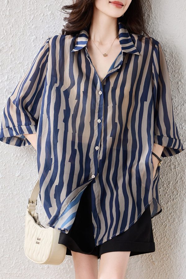 Fine Blue Oversized Striped Chiffon Blouse Tops Half Sleeve