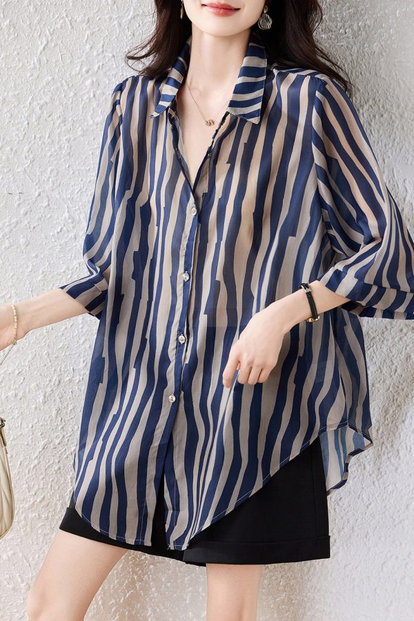 Fine Blue Oversized Striped Chiffon Blouse Tops Half Sleeve