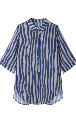 Fine Blue Oversized Striped Chiffon Blouse Tops Half Sleeve