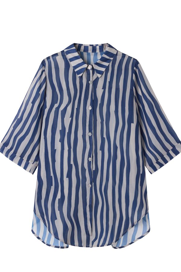 Fine Blue Oversized Striped Chiffon Blouse Tops Half Sleeve