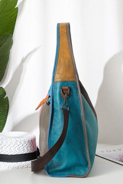 Fine Blue Patchwork Paitings Calf Leather Messenger Bag