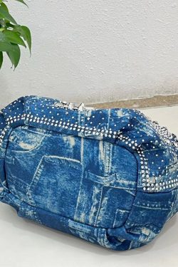 Fine Blue Zircon Solid Durable Denim Tote Handbag