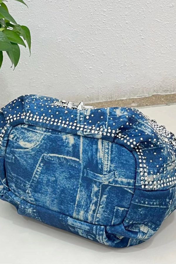 Fine Blue Zircon Solid Durable Denim Tote Handbag