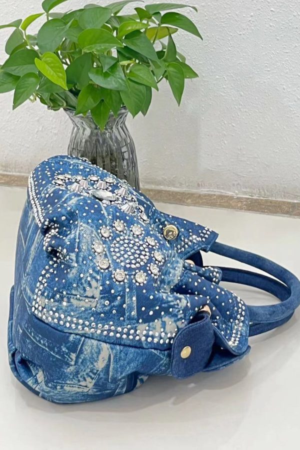 Fine Blue Zircon Solid Durable Denim Tote Handbag