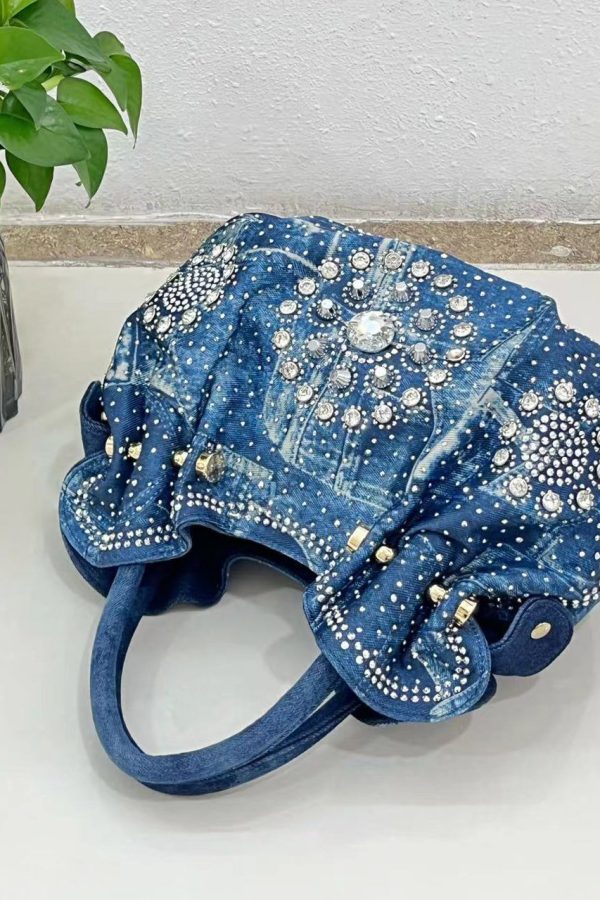 Fine Blue Zircon Solid Durable Denim Tote Handbag