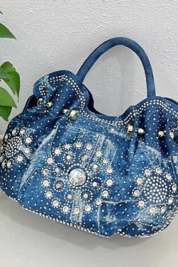 Fine Blue Zircon Solid Durable Denim Tote Handbag