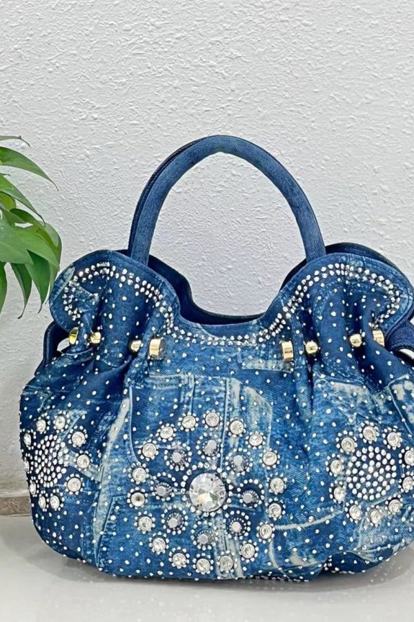 Fine Blue Zircon Solid Durable Denim Tote Handbag