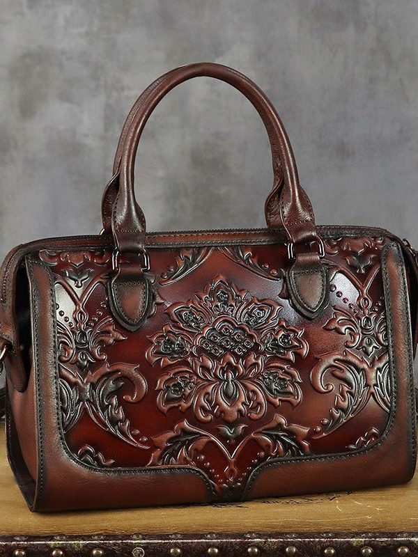 Fine Brown Embossed Large Capacity  Calf Leather Tote Handbag