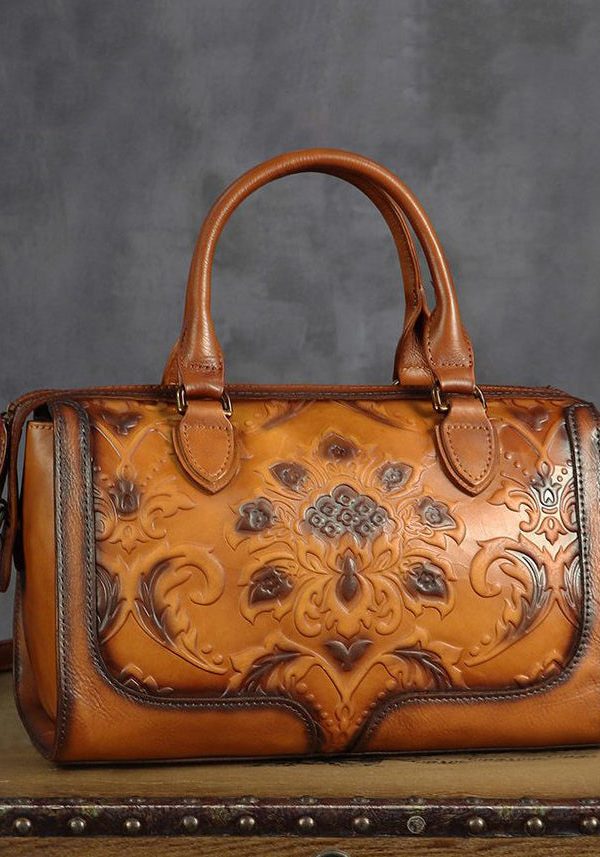 Fine Brown Embossed Large Capacity  Calf Leather Tote Handbag
