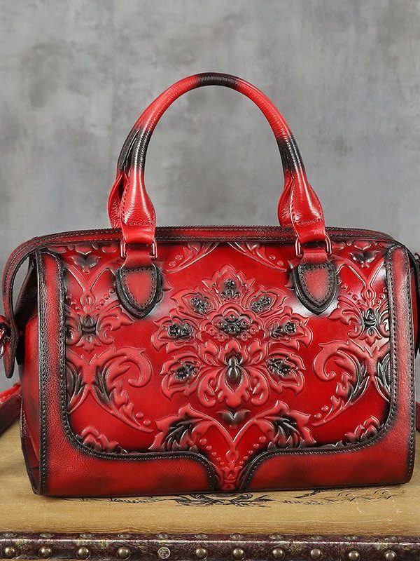 Fine Brown Embossed Large Capacity  Calf Leather Tote Handbag