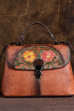 Fine Brown Embossing Calf Leather Tote Handbag