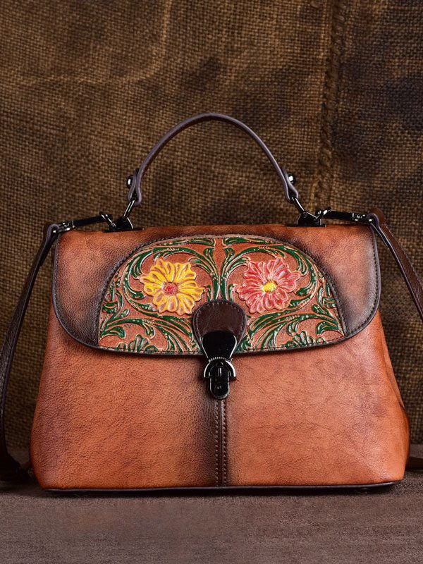 Fine Brown Embossing Calf Leather Tote Handbag