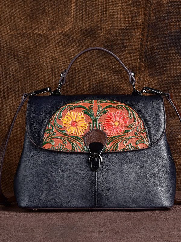 Fine Brown Embossing Calf Leather Tote Handbag