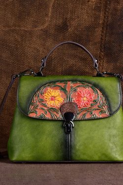 Fine Brown Embossing Calf Leather Tote Handbag