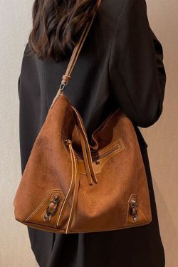 Fine Brown Rivet Patchwork Zip Up Faux Leather Satchel Handbag