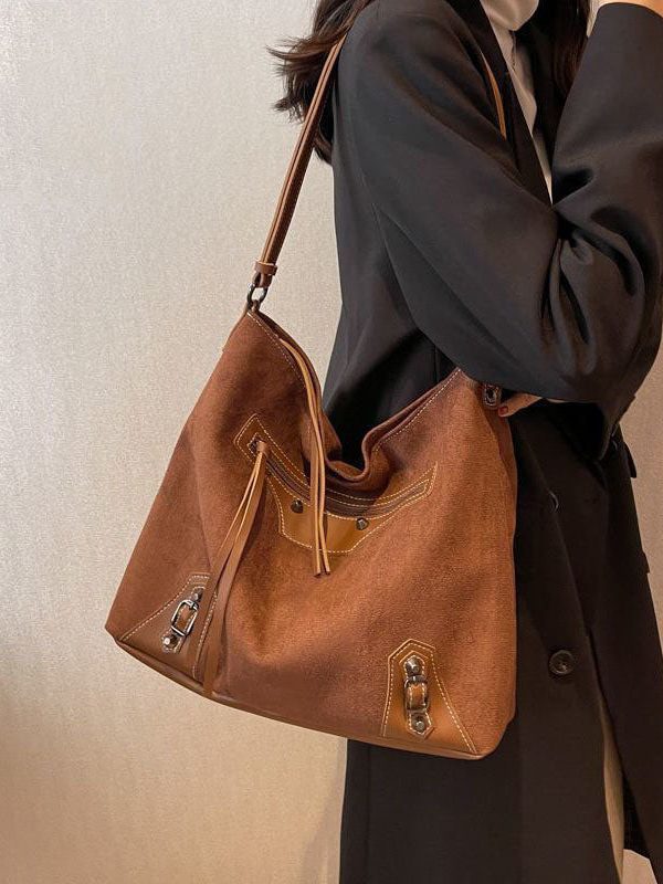 Fine Brown Rivet Patchwork Zip Up Faux Leather Satchel Handbag