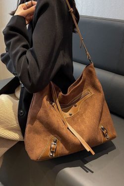 Fine Brown Rivet Patchwork Zip Up Faux Leather Satchel Handbag
