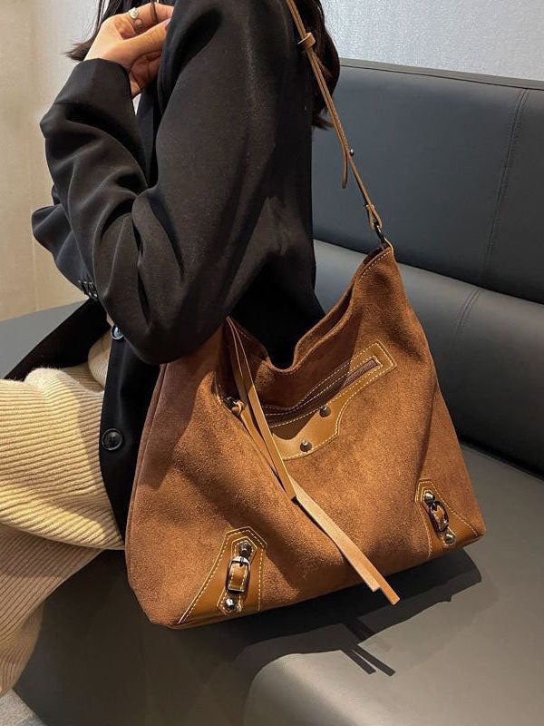 Fine Brown Rivet Patchwork Zip Up Faux Leather Satchel Handbag