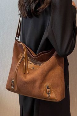 Fine Brown Rivet Patchwork Zip Up Faux Leather Satchel Handbag