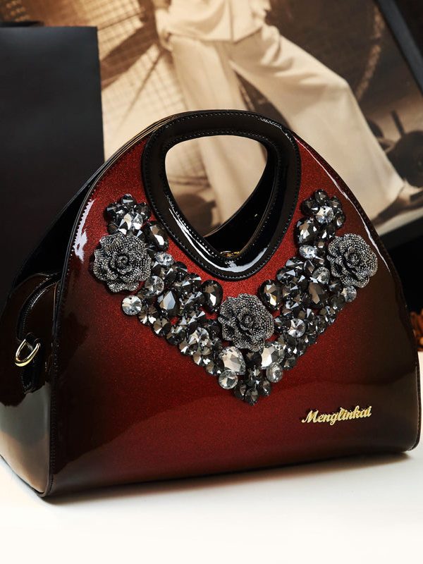 Fine Gradient Color Zircon Durable Faux Leather Tote Handbag