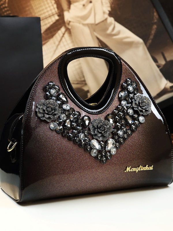 Fine Gradient Color Zircon Durable Faux Leather Tote Handbag