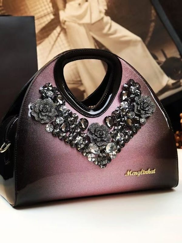 Fine Gradient Color Zircon Durable Faux Leather Tote Handbag