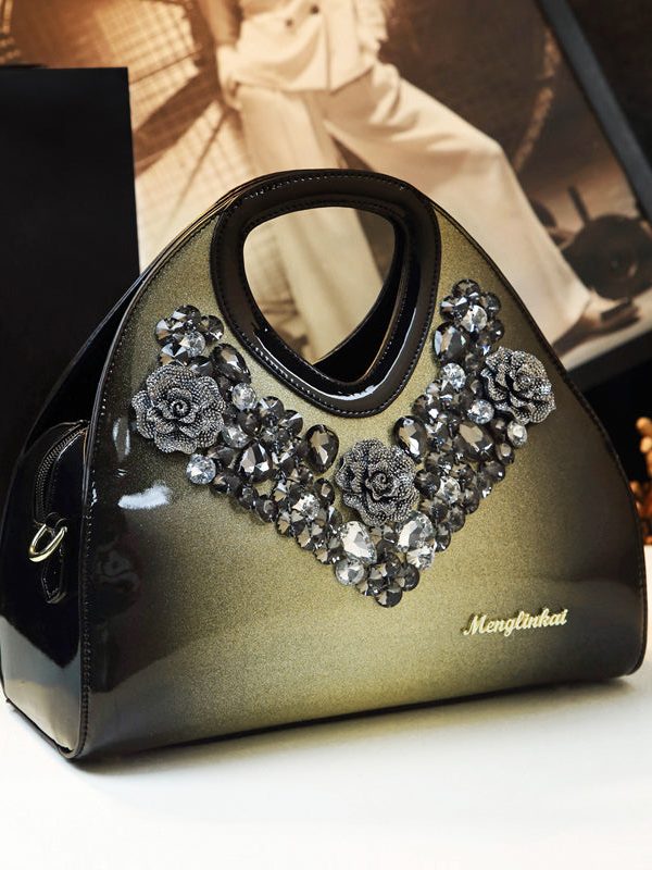 Fine Gradient Color Zircon Durable Faux Leather Tote Handbag