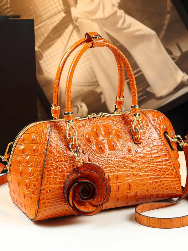 Fine Green Flower Alligator Pattern Faux Leather Tote Handbag