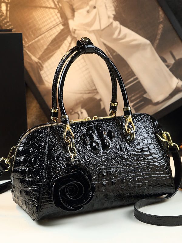 Fine Green Flower Alligator Pattern Faux Leather Tote Handbag