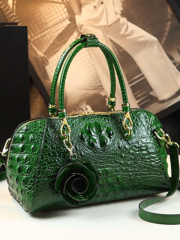 Fine Green Flower Alligator Pattern Faux Leather Tote Handbag
