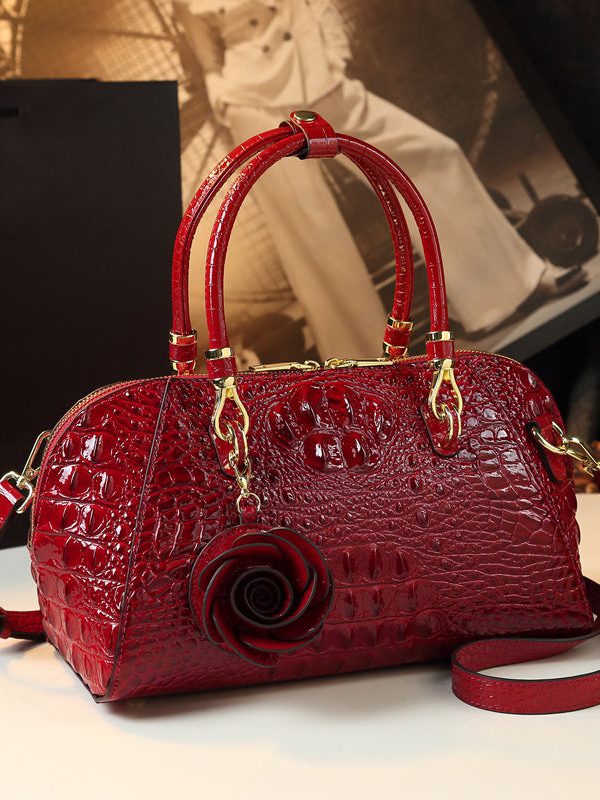 Fine Green Flower Alligator Pattern Faux Leather Tote Handbag