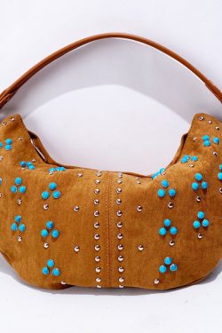 Fine Khaki Rivet Patchwork Fine Suede Saddle Bag