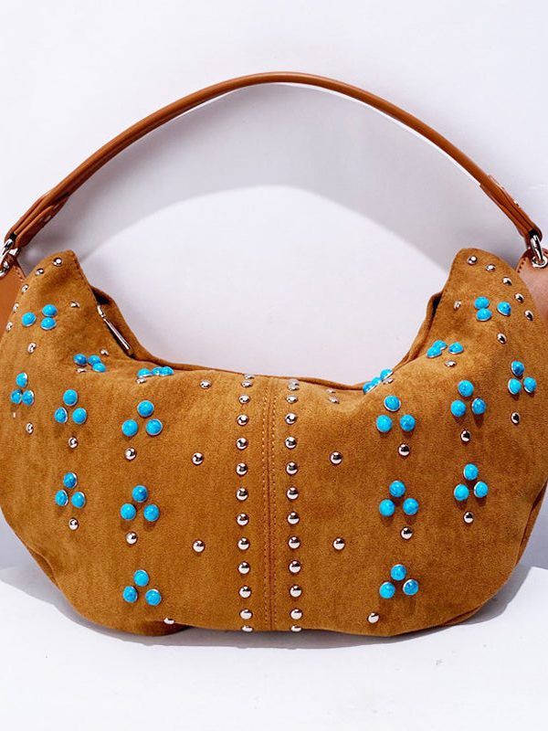 Fine Khaki Rivet Patchwork Fine Suede Saddle Bag