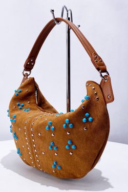 Fine Khaki Rivet Patchwork Fine Suede Saddle Bag